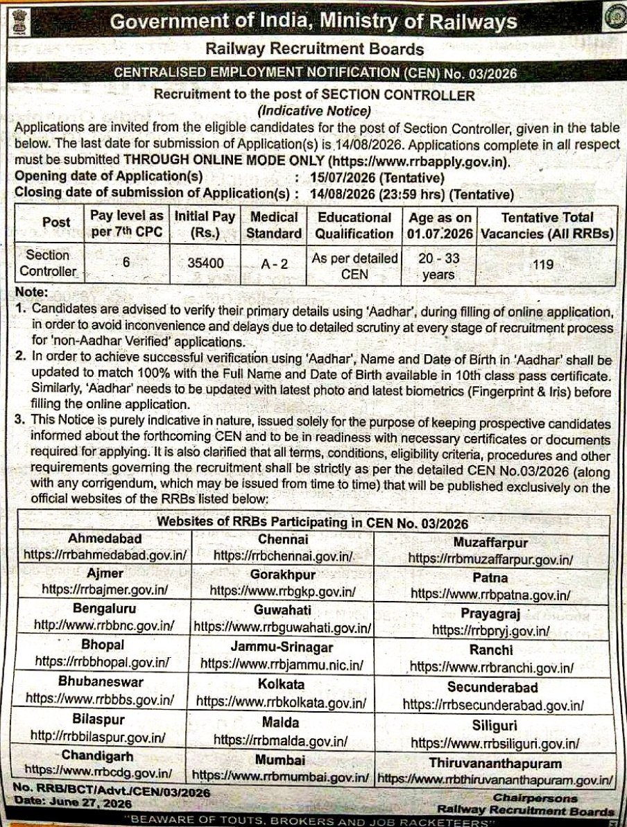 RRB SECTION CONTROLLER CEN 03/2026 RECRUITMENT SHORT NOTIFICATION