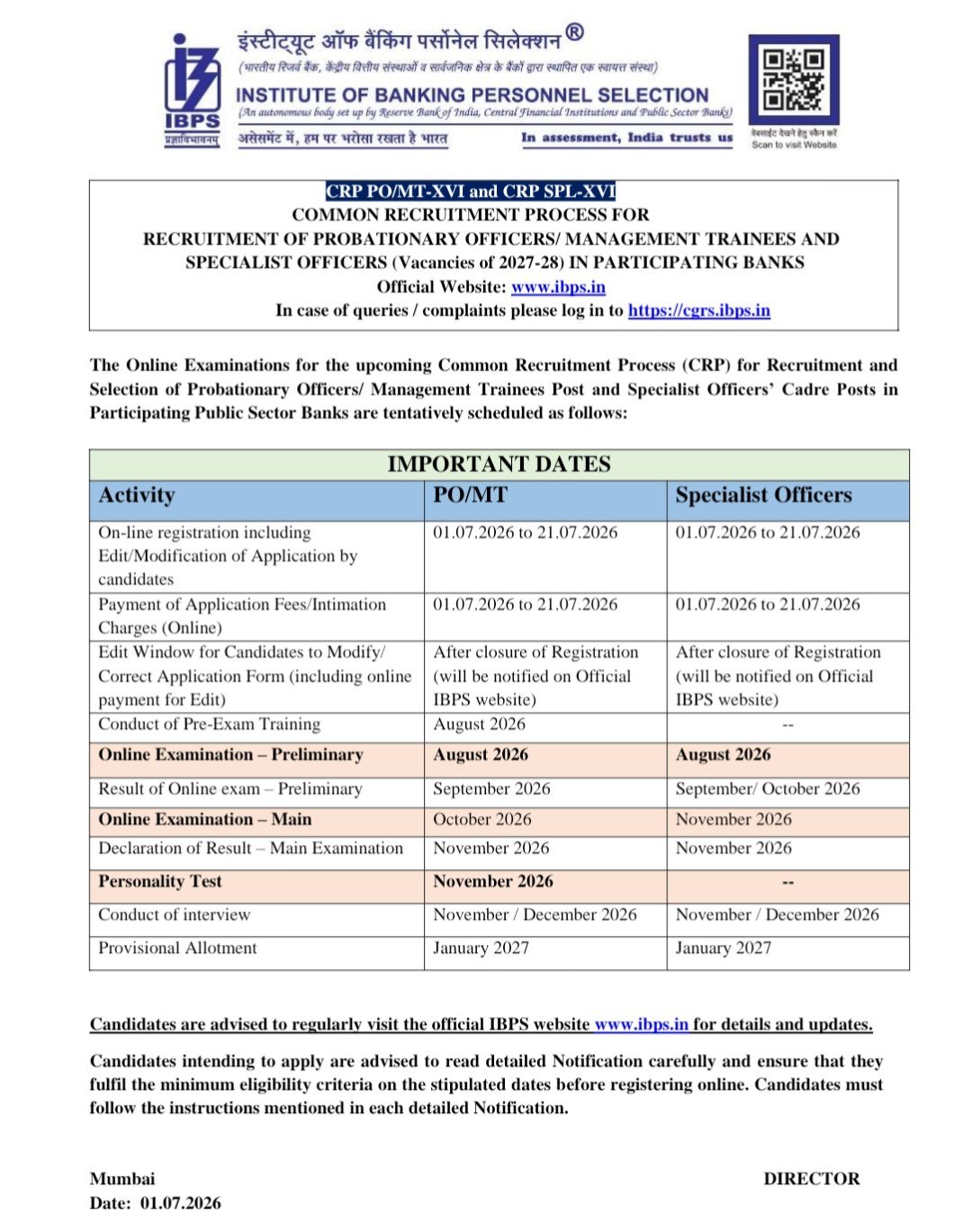 IBPS CRP XVI 2026 PO/MT AND SPL SHORT NOTIFICATION
