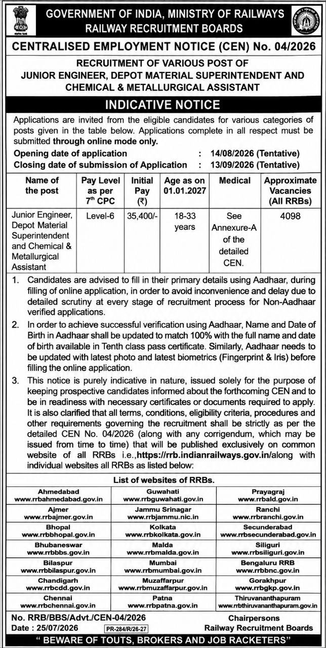RRB CEN 04/2026 Junior Engineer 2026 Short Notification