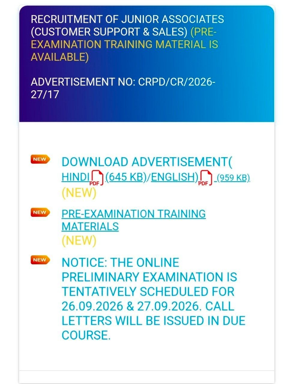 RECRUITMENT OF JUNIOR ASSOCIATES (CUSTOMER SUPPORT & SALES) RECRUITMENT VACANCIES