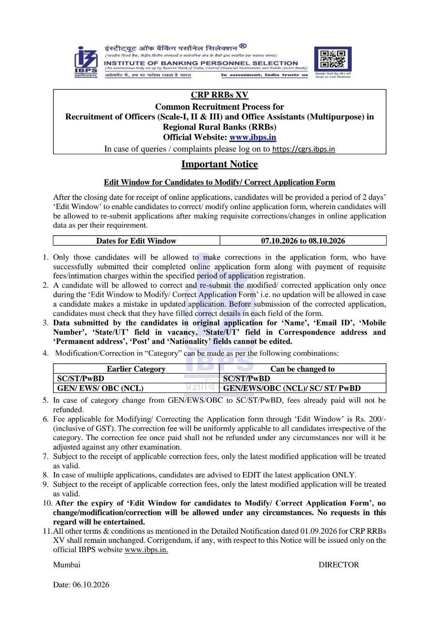 IBPS RRB PO & CLERK XV EDIT WINDOW NOTICE
