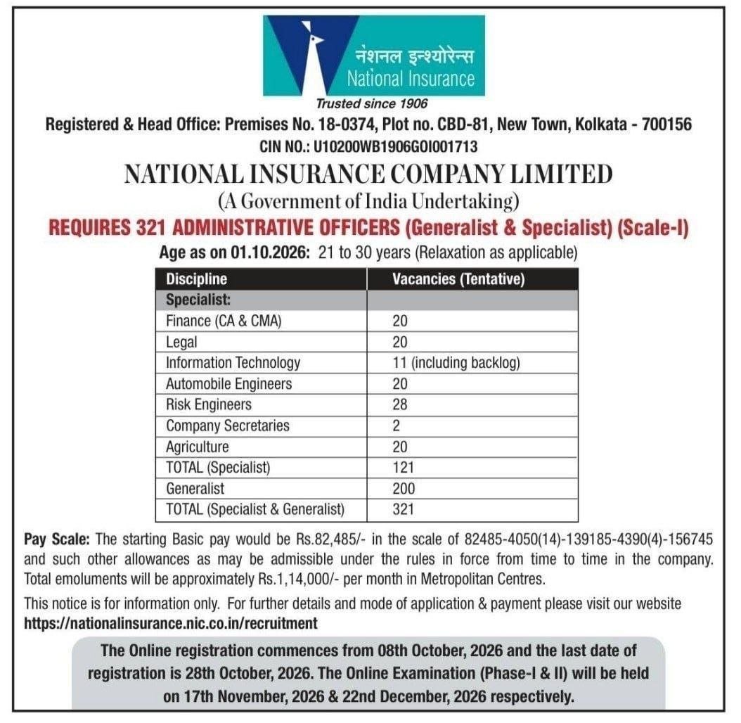 NICL AO ADMINISTRATIVE OFFICER 2026 RECRUITMENT SHORT NOTIFICATION
