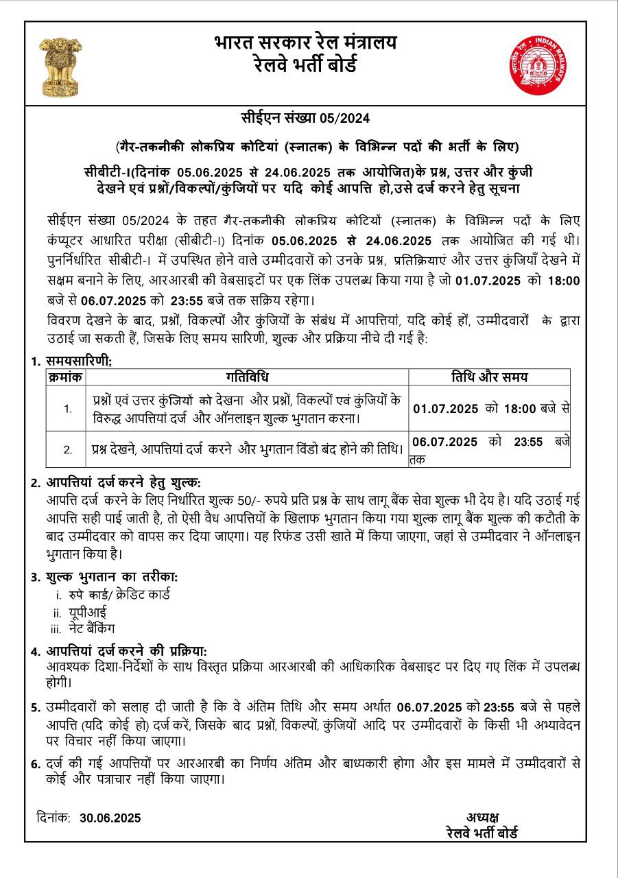 RRB  NTPC GRADUATE CEN 05/2024 CBT1 EXAM ANSWER KEY