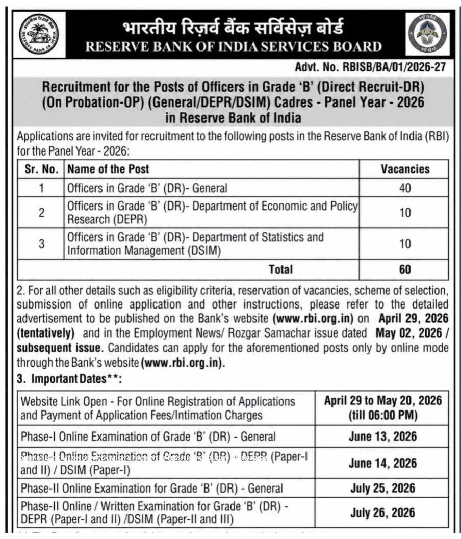 RBI GRADE B 2026 SHORT NOTIFICATION