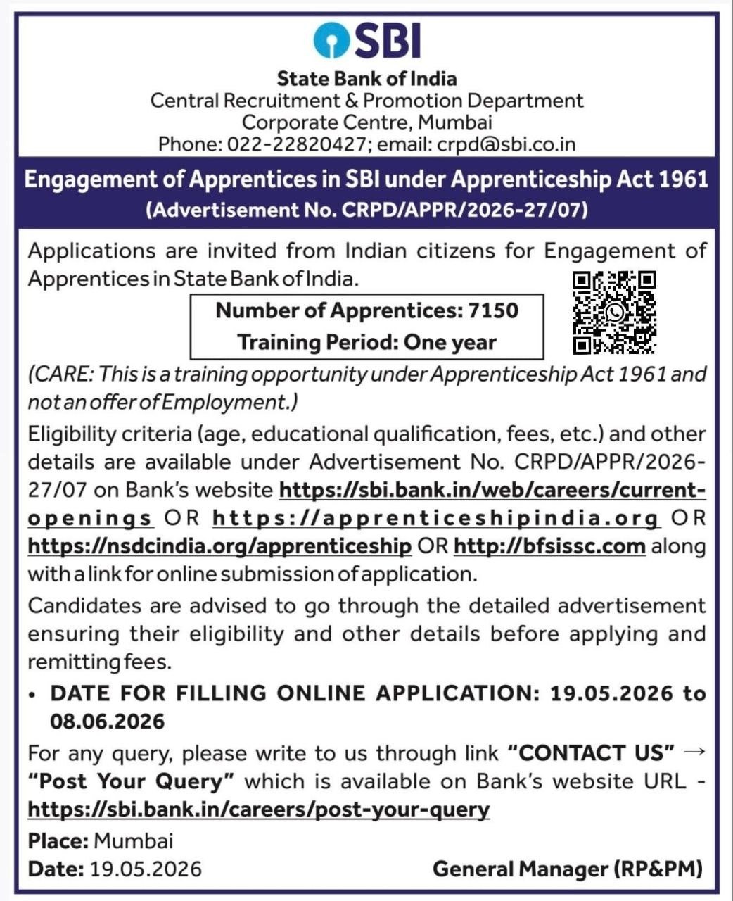 SBI APPRENTICE 2026-27 Notification
